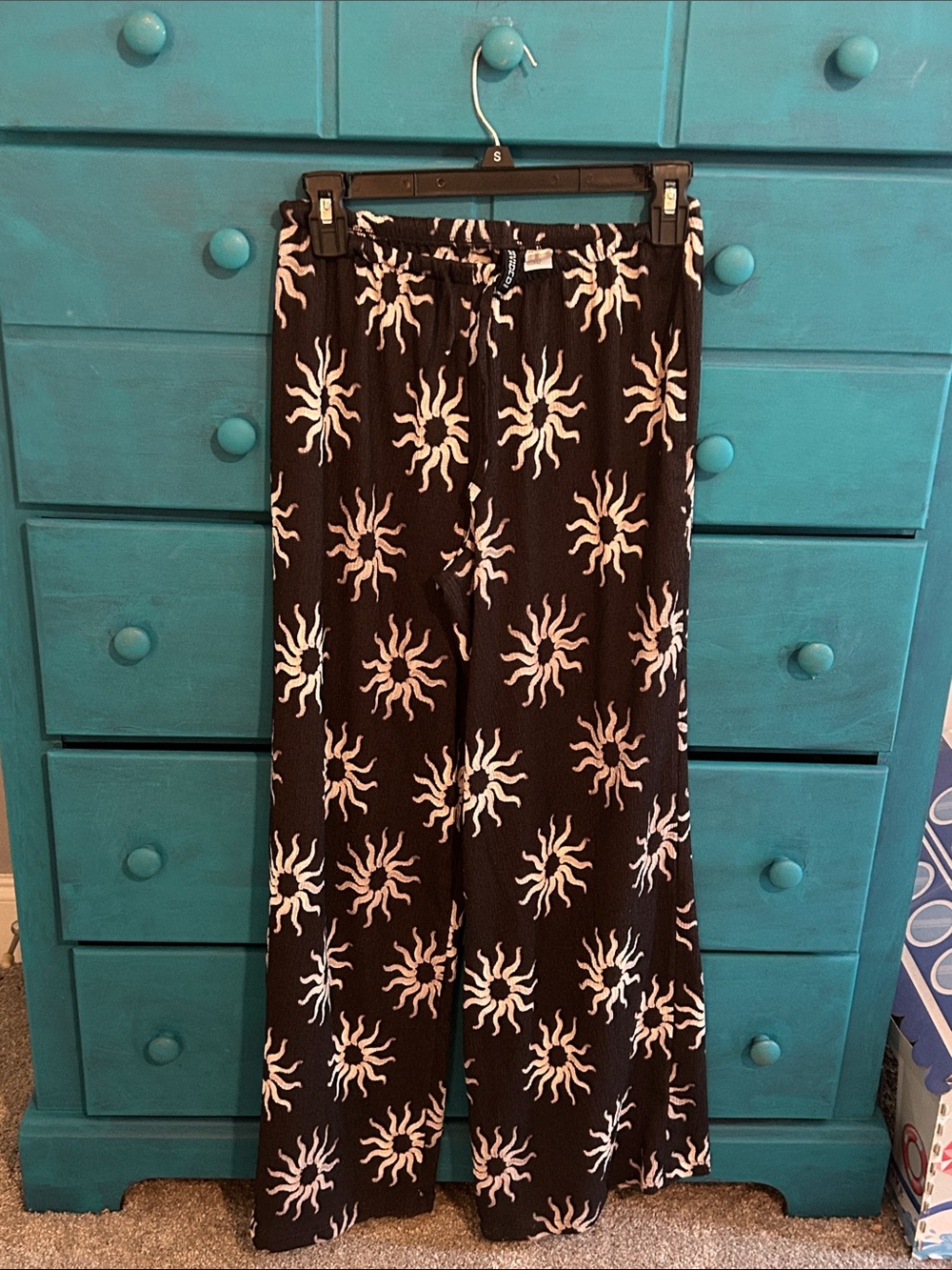 H&M Black Wide-Leg Boho Pants with White Celestial Pattern